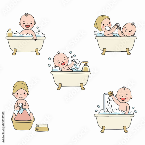 Cute cartoon babies enjoying bath time, from splashing in the tub to drying off with towels. A sweet illustration of infant hygiene routines and childcare.