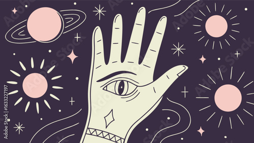 Mystical palmistry design with hand, eye, planets, and stars, representing fortune telling and celestial influences