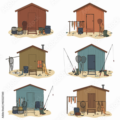 Collection of rustic fishing huts with various angling gear illustrations on a white background, depicting outdoor leisure.