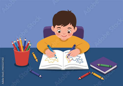 A young boy sits at his desk, happily drawing and coloring in a sketchbook with colored pencils, engaging in a creative art hobby at home