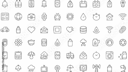 Collection of various hand drawn icons including technology objects and everyday life items in black and white silhouette