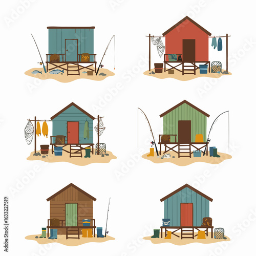 Collection of colorful fishing shacks illustrations with various fishing gear and equipment on sandy ground, depicting beach or seaside recreational themes.