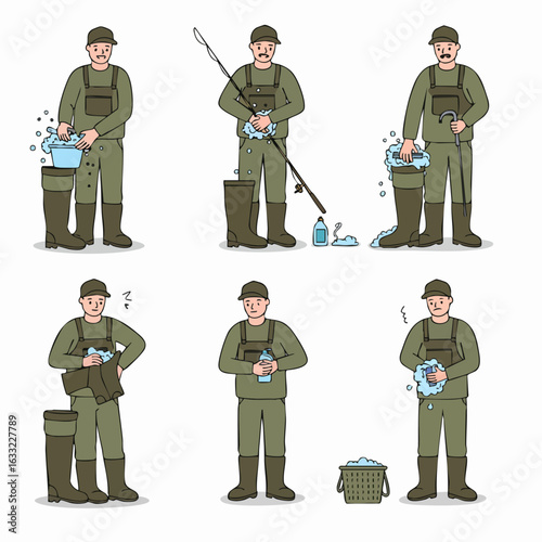 Post-fishing gear maintenance: illustrations of a man cleaning waders and equipment.