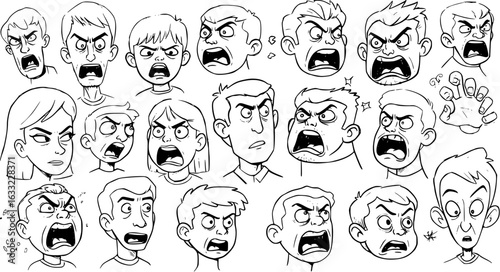 Dynamic black and white cartoon expressions illustrating intense anger and other strong emotions across a diverse range of male and female characters in line art style.