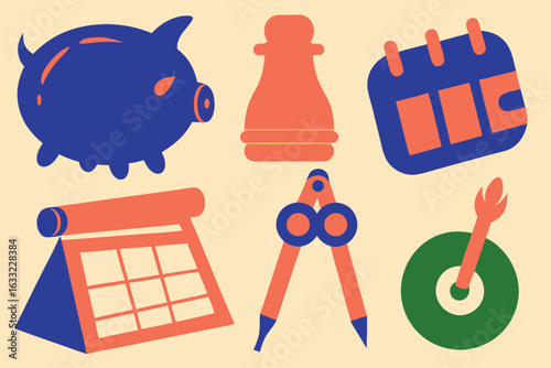 Blue orange green geometric objects set of piggy bank