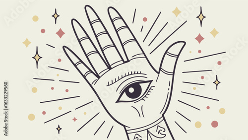 Mystical palm reading illustration featuring an eye in the palm, symbolizing fortune telling, magic, and spiritual insight isolated on white background