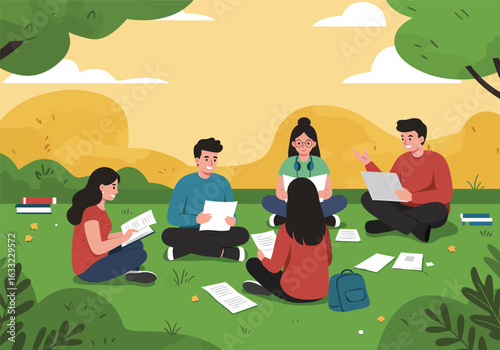 A group of young university students studying together outdoors on a campus lawn, showcasing teamwork and collaborative learning concepts.