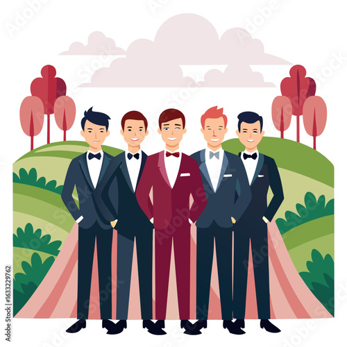 Five groomsmen in tuxedos standing together isolated on white background