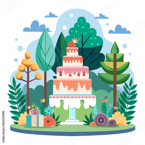Celebration cake with gifts and festive decorations isolated on white background