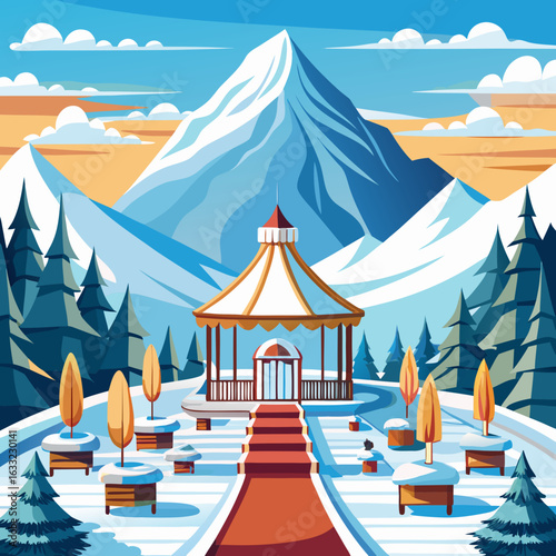 Winter mountain landscape with a festive gazebo and snowy trees isolated on white background