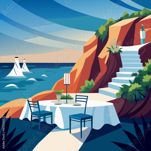 Romantic seaside dining with a view of sailboats and stairs isolated on white background