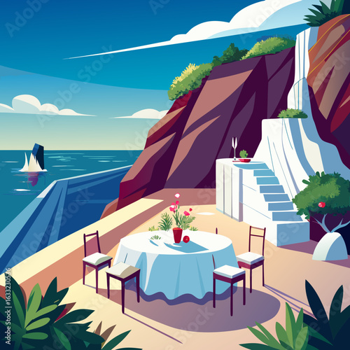 Terrace dining by the sea with a sailboat and cliffs isolated on white background