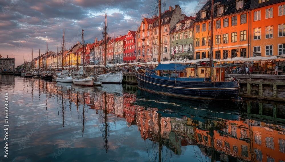 Fototapeta premium Colorful waterfront buildings reflected in calm water at sunset