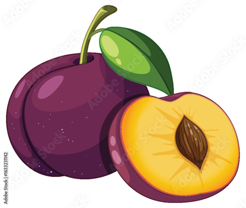 Whole Plum and Halved Plum with Leaf Illustration