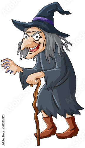Cartoon Witch with Cane in Dark Robe