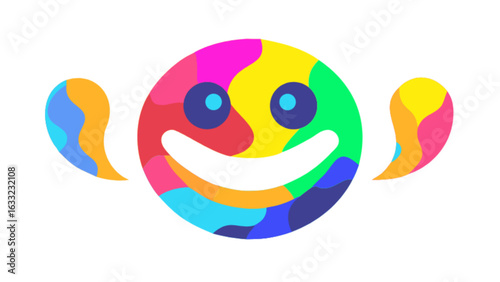 Colorful smiley face with abstract shapes isolated on white background, representing happiness, positivity, and cheerful expression in a modern design