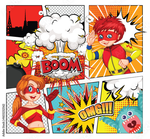 Comic Style Superheroes Battling Monster with Explosions