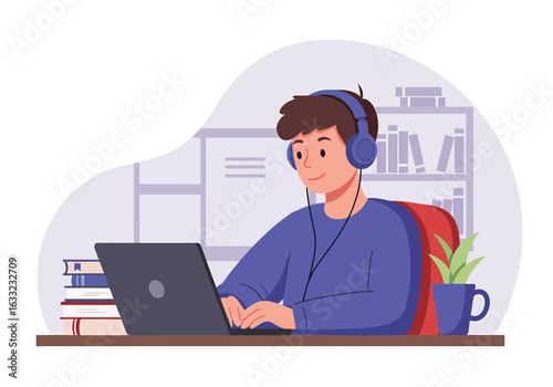Illustration of a cute young boy enjoying his creative hobby, sitting at a desk drawing and coloring in a sketchbook with pencils