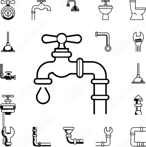 Plumbing Fixtures and Tools Black and White Line Art Depicting Various Plumbing Elements and Equipment for Repair and Installation