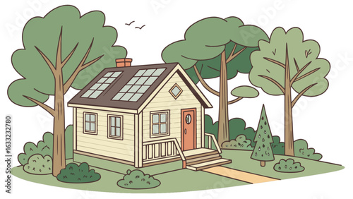 Illustration of a house with solar panels on the roof, surrounded by trees, representing sustainable energy and ecofriendly living