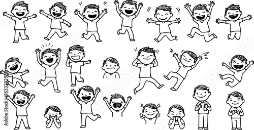 Collection of Hand-Drawn Cartoon Boys Expressing Joy, Happiness, and Playfulness through Various Actions like Jumping, Running, and Smiling, with Some Showing Other Emotions