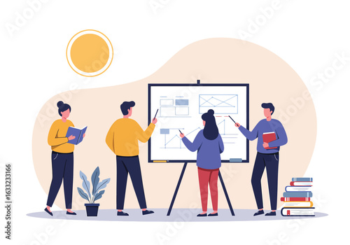 Collaborative team meeting for strategic project planning. Colleagues discussing UI/UX wireframes and ideas on a whiteboard illustration.