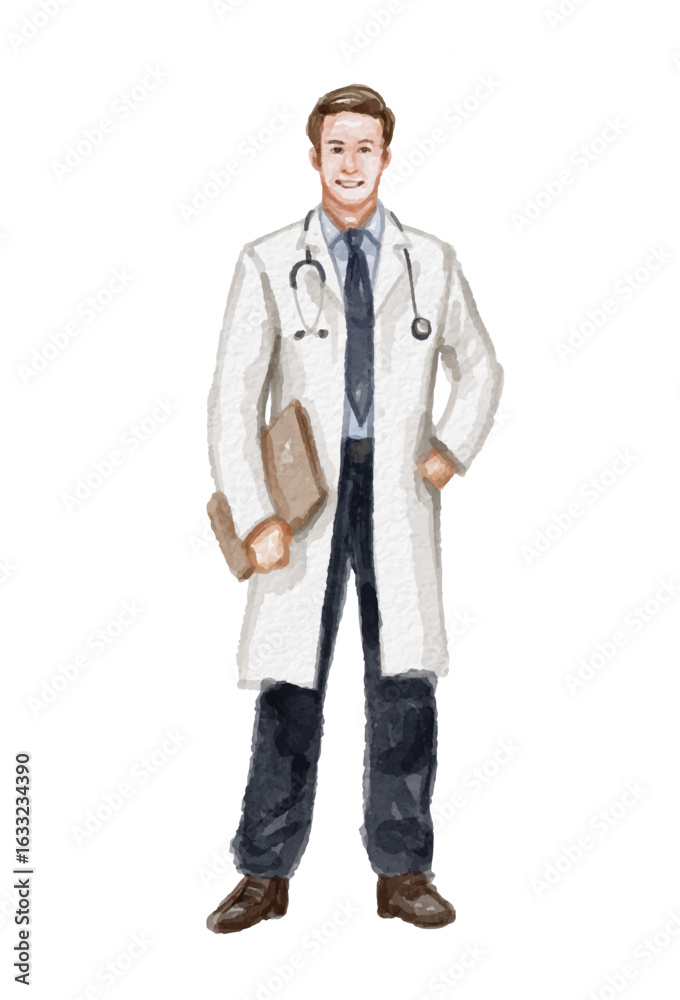 Naklejka premium Hand painted watercolor male doctor isolated