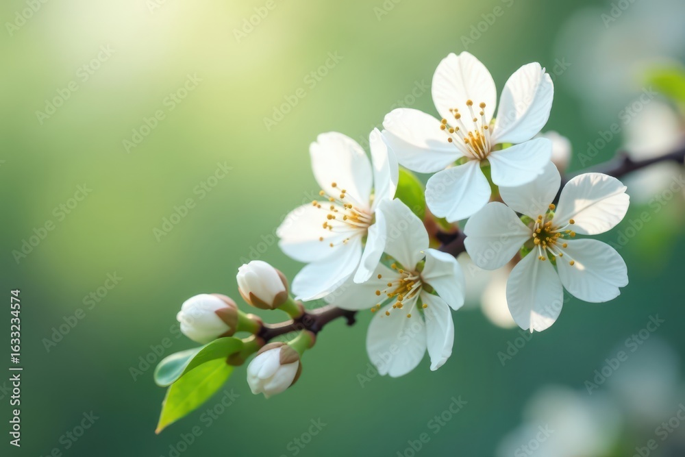 Fototapeta premium Delicate white blossoms, soft focus, ample blank space, simple, light