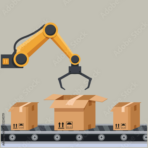Cartoon illustration of a yellow robotic arm poised above an open box on a conveyor belt alongside two sealed boxes.