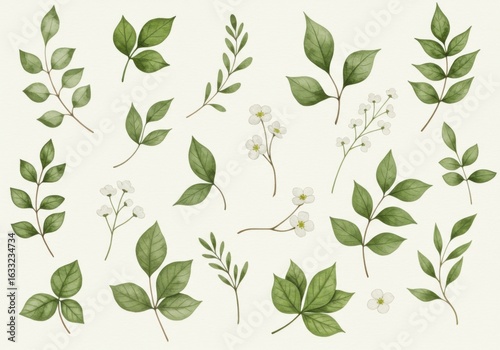 Delicate watercolor illustrations of green leaves and fine botanical line drawings on cream background