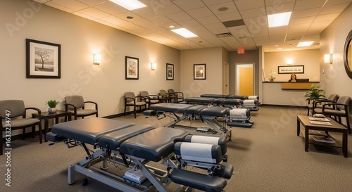 Chiropractic clinic interior with adjustment tables and waiting area for patient care and wellness center design