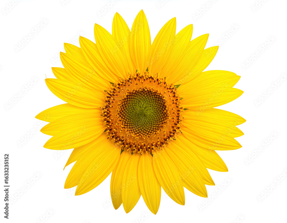 Obraz premium Single sunflower blossom with bright yellow petals isolated on a clean white background