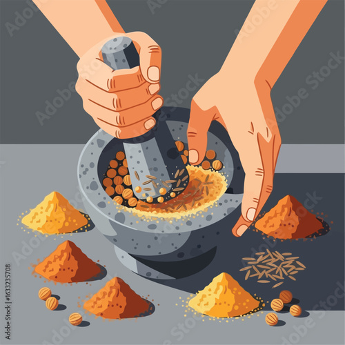 Grinding Spices with Mortar and Pestle Preparing Cooking Ingredients