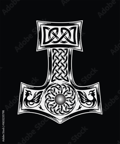 Intricate White Thor's Hammer Design Embodying Viking Heritage and Norse Mythology on a Black Canvas