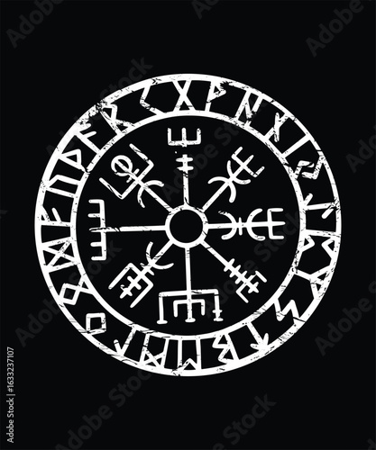 Vegvisir Viking Compass Symbol Distressed Design Norse Magic Stave Icelandic Magical Sign Post Wayfinder Guidance Protection Runic Circle