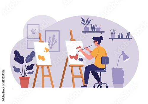 A creative woman engrossed in painting on a canvas in her cozy art studio. This illustration captures the joy of artistic hobbies.