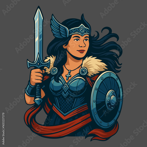 Valkyrie woman vector illustration for ancient scandinavian goddess, powerful warrior female character, mythology fantasy design, epic battle concept art for comics, books and branding
