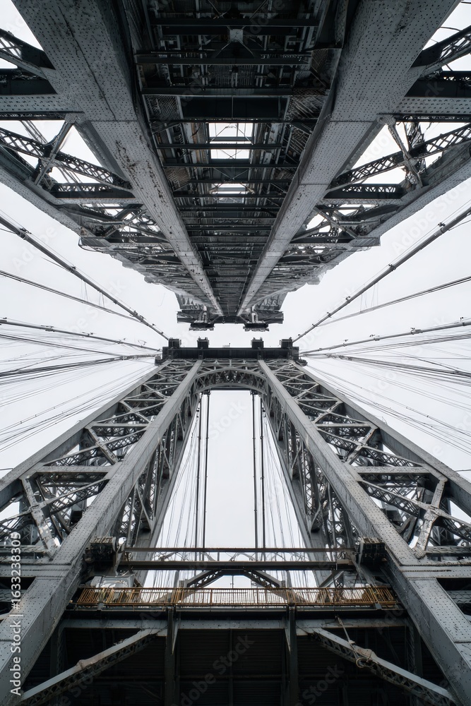 Fototapeta premium a bridge's architectural elegance, with its unique geometric design, capturing a stunning skyward perspective. The bridge's metal structure is a testament to engineering and design