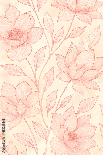 Soft Pink Floral Sketch Pattern on Beige Background – Elegant Hand-Drawn Botanical Design