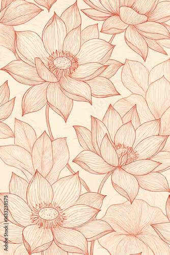 Hand-Drawn Lotus Seamless Floral Pattern on Beige Background