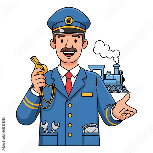 Friendly cartoon train conductor in uniform holding a whistle with a steam locomotive in the background illustration.