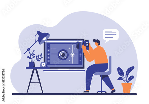 Illustration of a photographer or vlogger at a creative workspace, using a professional camera with a computer for a digital project