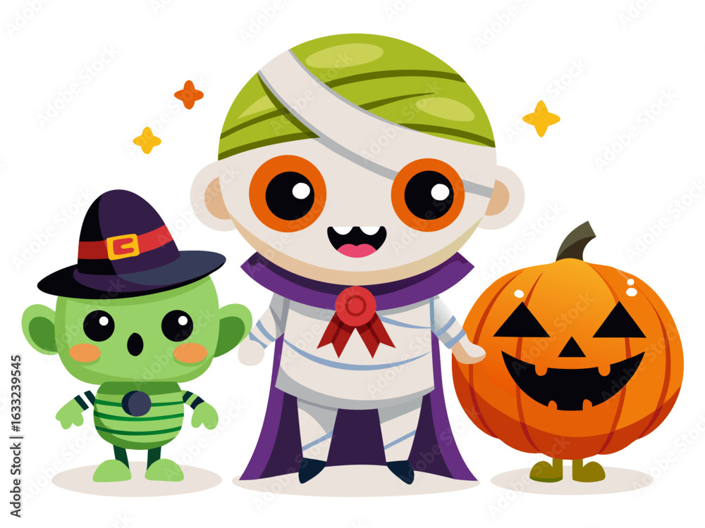 Obraz premium Cute Cartoon Kids in Halloween Costumes. Vector Witch, Mummy, and Frankenstein