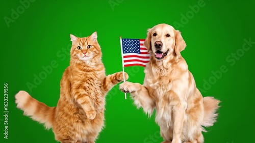 Patriotic Pets Holding American Flag - An orange tabby cat and a golden retriever dog sit together on a green screen background, jointly holding a small American flag.