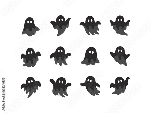 様々なポーズのかわいい黒色の幽霊のイラストセット