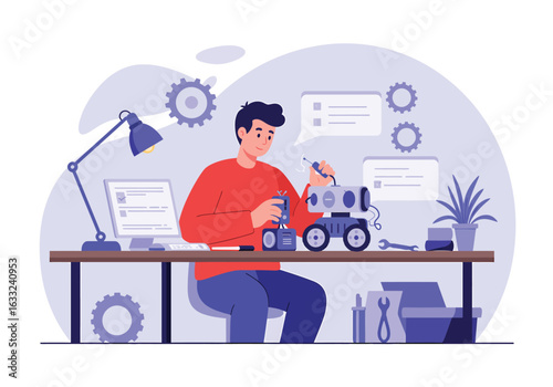 Young engineer engaged in robotics innovation. A creative man building a custom robot prototype at his workshop desk with tools and computer.