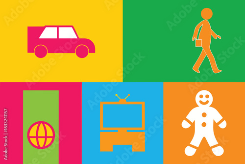 Colorful set of icons with car person globe television gingerbread man vector