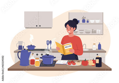 A cheerful woman cooking a new dish in her modern kitchen. Smiling person following a recipe book for a healthy meal, enjoying her culinary hobby.