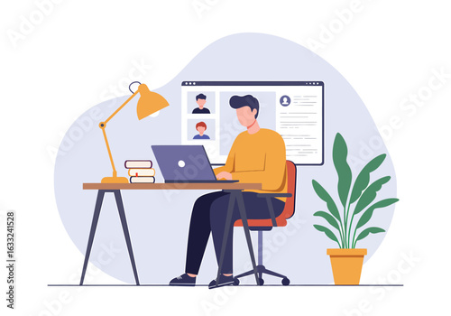 A man working from home on a laptop, engaged in an online video conference call with his team. Remote work and freelancing concept.