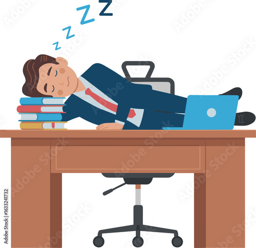 Businessman sleeping at work, office fatigue, overworked employee, corporate burnout, stress relief, workplace exhaustion, lazy desk nap, productivity drop